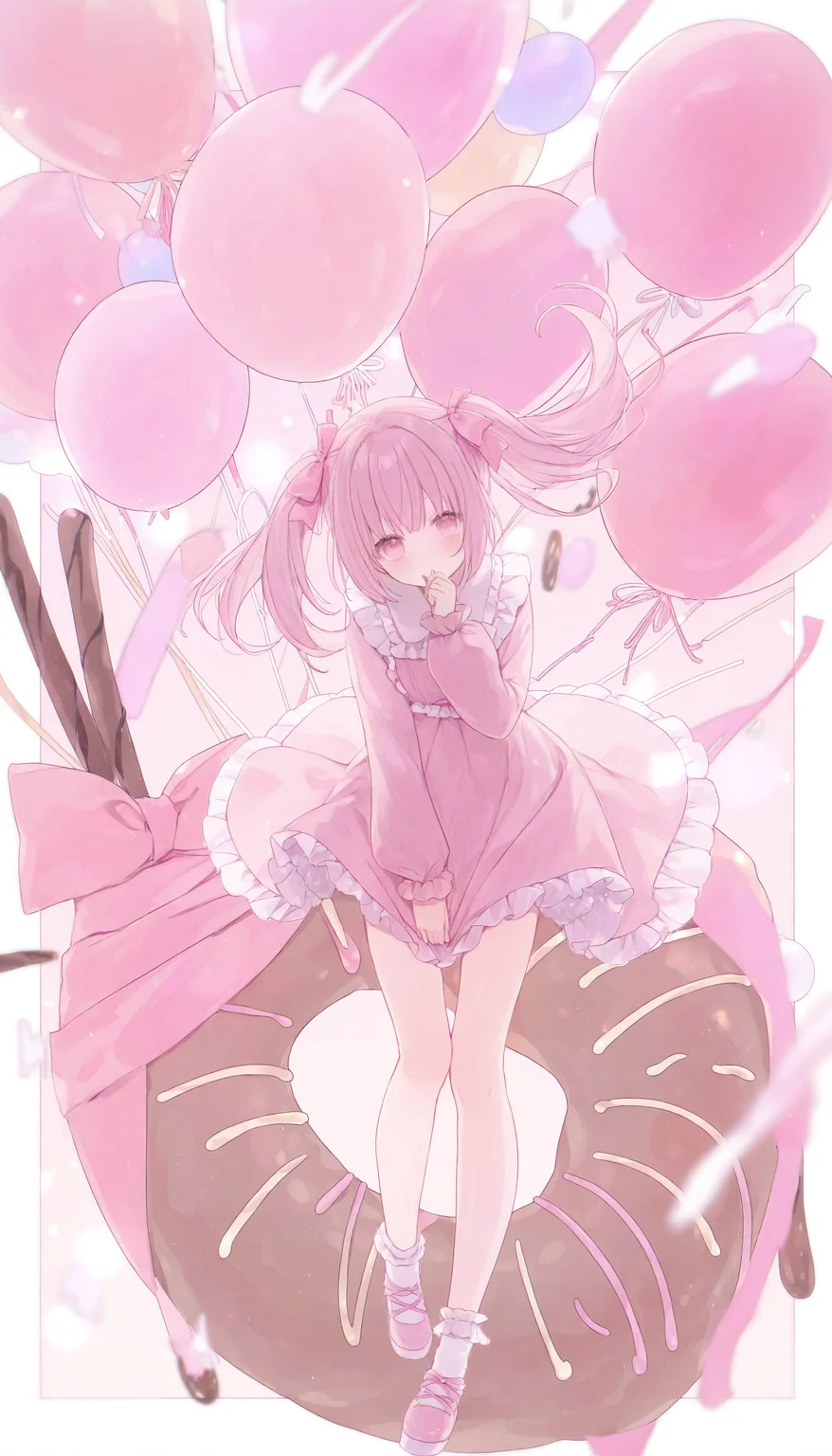 1girl, twintails, solo, doughnut, dress, pink eyes, pink dress, balloon, food, socks, pink footwear, bow, ribbon, long hair, pink ribbon, frills, looking at viewer, shoes, white socks, long sleeves, pink bow, pink hair, pink theme, frilled dress, dress tug, hair bow, full body,
masterpiece,best quality,newest,absurdres,highres,very awa,<lora:sei3_noob1.1-000200:0.9>,