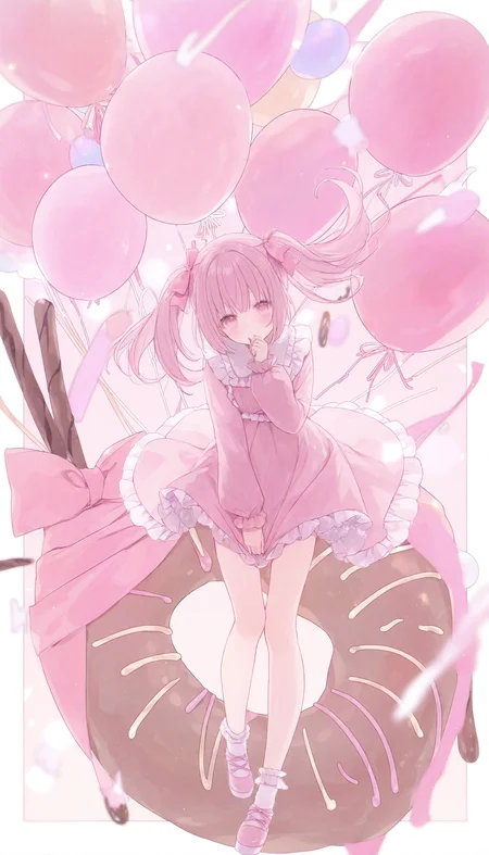 1girl, twintails, solo, doughnut, dress, pink eyes, pink dress, balloon, food, socks, pink footwear, bow, ribbon, long hair, pink ribbon, frills, looking at viewer, shoes, white socks, long sleeves, pink bow, pink hair, pink theme, frilled dress, dress tug, hair bow, full body,
masterpiece,best quality,newest,absurdres,highres,very awa,<lora:sei3_noob1.1-000200:0.9>,
