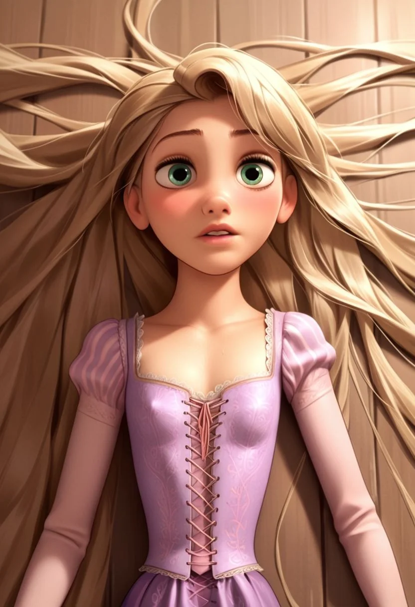 score_9, score_8, score_7, score_6, Rapunzel, 1girl, rating_explicit, Rapunzel, very long hair, loose dress, laying on the floor, flat chest, flat breasts, seductive eyes, shoulder exposed, seductive smile