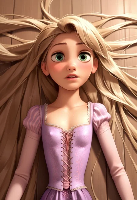 score_9, score_8, score_7, score_6, Rapunzel, 1girl, rating_explicit, Rapunzel, very long hair, loose dress, laying on the floor, flat chest, flat breasts, seductive eyes, shoulder exposed, seductive smile