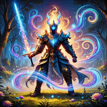 Score_9, score_8_up, score_7_up, score_6_up, score_5_up, score_4_up, lumina, mystical, multicolored, glowing, swirling, glowing magical energy. weapon, sword, armor, solo, flower, tree, 1boy, male focus, glowing, grass, outdoors, helmet, night, sky, holding sword, standing, nature, holding weapon, glowing weapon, clenched hand, holding, fantasy, boots, fantasy, vibrant colors, ethereal atmosphere, otherworldly glow, neon lights, colorful aura, sparkling ambiance, bioluminescent elements, enchanted forest, vivid lighting, bright illumination, multicolored lights, dynamic light effects, mystical scene, surreal scenery, fantasy art, high detail, vibrant palette, blue, purple, pink, orange, yellow, green, neon, glowing, wonder, awe, enchantment, magic, digital painting, high contrast, whimsical, captivating pose, dynamic composition, close up, swirling, glowing magical energy. <lora:Selftrained\Lumina_Mystica10:0.5>