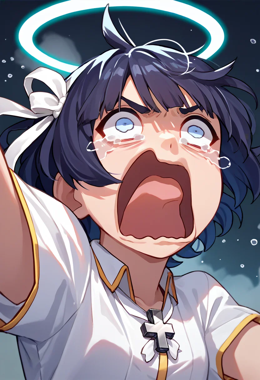 score_9, score_8_up, score_7_up, source_anime, solo, 1girl, htazazel, aquascreaming, screaming, open mouth, crying with eyes open , hair ribbon, white ribbon, halo, white shirt, short sleeves, cross necklace <lora:concept_aquascreaming_ponyXL:1> <lora:helltaker_azazel_ponyXL:1>