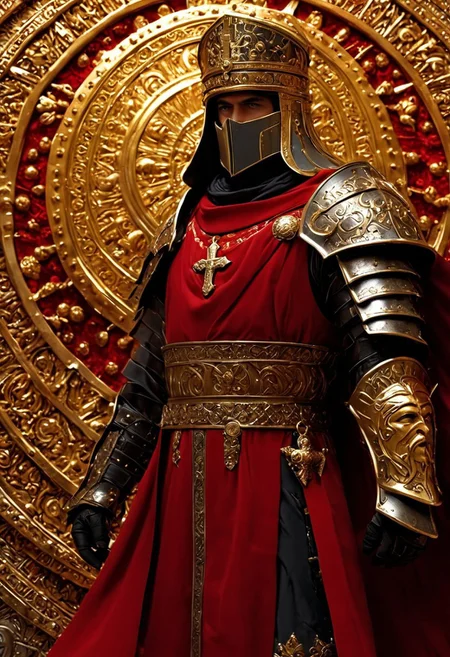 A formidable Byzantine warrior standing proud on a battlefield, wearing intricate armor of bronze and gold. His helmet is adorned with a crest and a visor, typical of Byzantine soldiers, and his armor is embossed with religious symbols and detailed patterns. He holds a kite-shaped shield in his left hand, decorated with a golden cross, and a spear in his right. A crimson and gold tunic peeks from beneath his armor, and a red cloak drapes from his shoulders, fluttering in the wind. His face is stern, with a well-groomed beard and piercing eyes. The background features the grandeur of a Byzantine fortress, with towering walls and golden domes visible under a stormy sky. The color palette includes rich reds, golds, and dark metallics, evoking a sense of Byzantine power, honor, and military might.e of ancient Persian power, nobility, and battle readiness.
, moody light, by H.R Giger, 4k resolution digital art trending on Artstation and unreal engine 5, hyperrealism, full body shot, glowing eyes, cinematic, epic, masterpiece, surreal, fantasycore, hyperdetailed, ultra realistic, octane render, volumetric lighting, depth of field, bokeh, 8 <lora:Details:0.85>