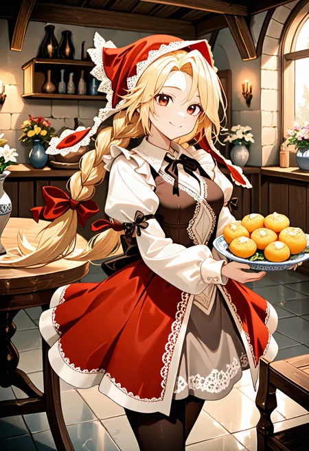 masterpiece, best quality, amazing quality, very aesthetic, absurdres, newest, scenery, <lora:illustrious_noobai_epsilon_pred_1_best_quality_v1:1> ,
1girl, <lora:illustrious_XL_cordelia:0.9> cordelia, dress, puffy sleeves, long sleeves, black pantyhose,
solo, holding dishes, cowboy shot,
smile, looking at viewer,
indoors, medieval room, tile floor, stone floor, table, vase of flowers, extremely detailed, <lora:IL cfg scale boost:0.7>,