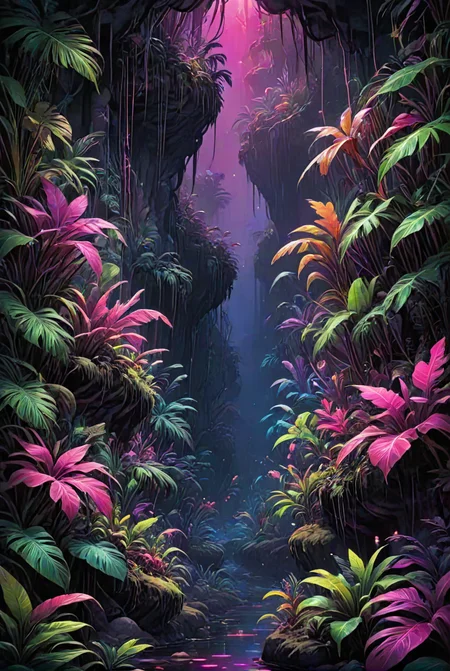 xl_kk, vibrant, enchanted cave, glowing plants and organisms, dark, pink and purple hues, neon green, tropical plants <lora:Saturated_Landscape_XL-KK:1> <lora:Fast:0.69>