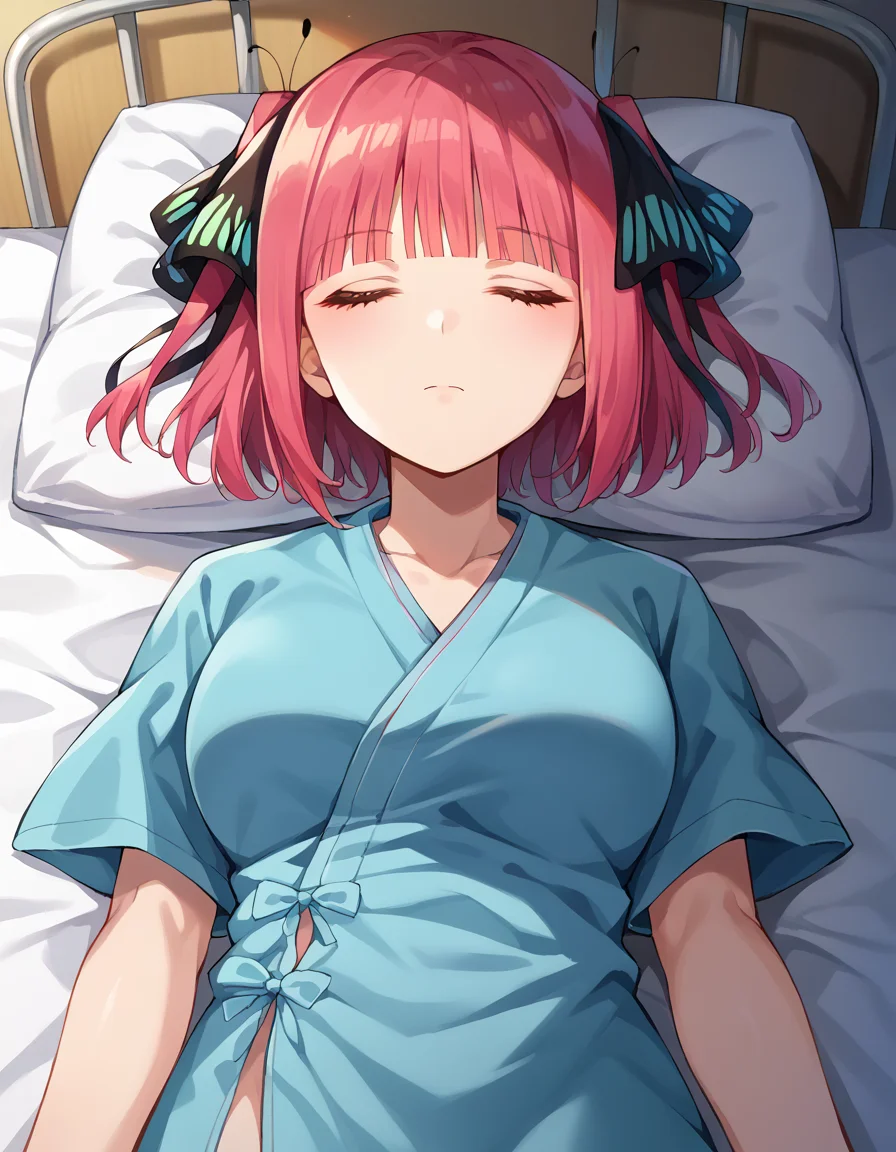 score_9, score_8_up, score_7_up, source_anime,
ninonakano, <lora:nino-nakano-pruned-ponyxl-lora-nochekaiser:1>,
nino nakano, short hair, bangs, hair ornament, hair ribbon, pink hair, blunt bangs, two side up, butterfly hair ornament, mature female,
<lora:hospital-gown-ponyxl-lora-nochekaiser:1>, hospital gown, bed, hospital bed, closed eyes, sleeping, lying on back,
looking at viewer, cowboy shot, dutch angle,