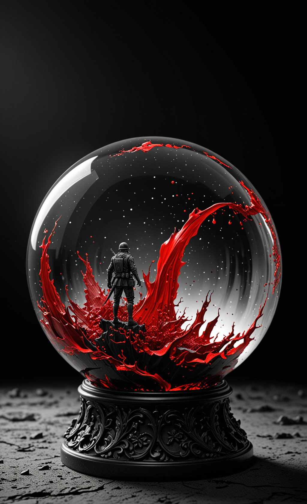 A  glass sphere sculpture, concealed inside the sphere is a WW2 Battle Scene, Fantasy, in the dark, detailed image, 8k high quality detailed, the moon, shaped sphere, amazing wallpaper, digital painting highly detailed, 8k UHD detailed oil painting, beautiful art UHD, focus on full glass sphere, bokeh,  background Modifiers: extremely detailed Award winning photography, fantasy studio lighting, photorealistic very attractive beautiful imperial colours ultra detailed 3D, (Extremely Intricate), UHD,  <lora:Black__White_One_Accent_Color_-_By_Dice:1>, (Black and white image, Red Accent)