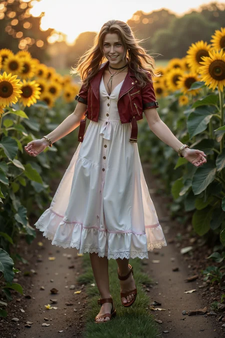 A professional photograph of Aerith Gainsborough dancing barefoot in a sunflower field. Sheâs mid-spin, her arms wide open, and her face is lit up with pure, unrestrained joy. Her hair flows freely with her movement, capturing the golden sunlight filtering through the tall sunflowers., <lora:Aerith Gainsborough:1.0>
