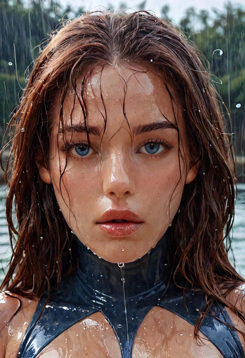 score_9, Raw Photo, (wet portrait shot:1.2), 4ng3l face, sorrowful blue eyes with raindrops, wet brown hair slicked back:1.1, water droplets on skin, high cheekbones, downturned soft lips:1.2, no smile:1.4, rain-soaked expression, flawless wet skin:1.2, perfect face symmetry:1.2, grief in eyes, ultra sharp facial details:1.4, wet sleek bodysuit reflecting light, moody rain lighting:1.3, cinematic color grading, sharp details:1.4, realistic skin texture:1.4, super detailed, film grain:0.2, hyperdetailed:1.15, photo realistic, masterpiece