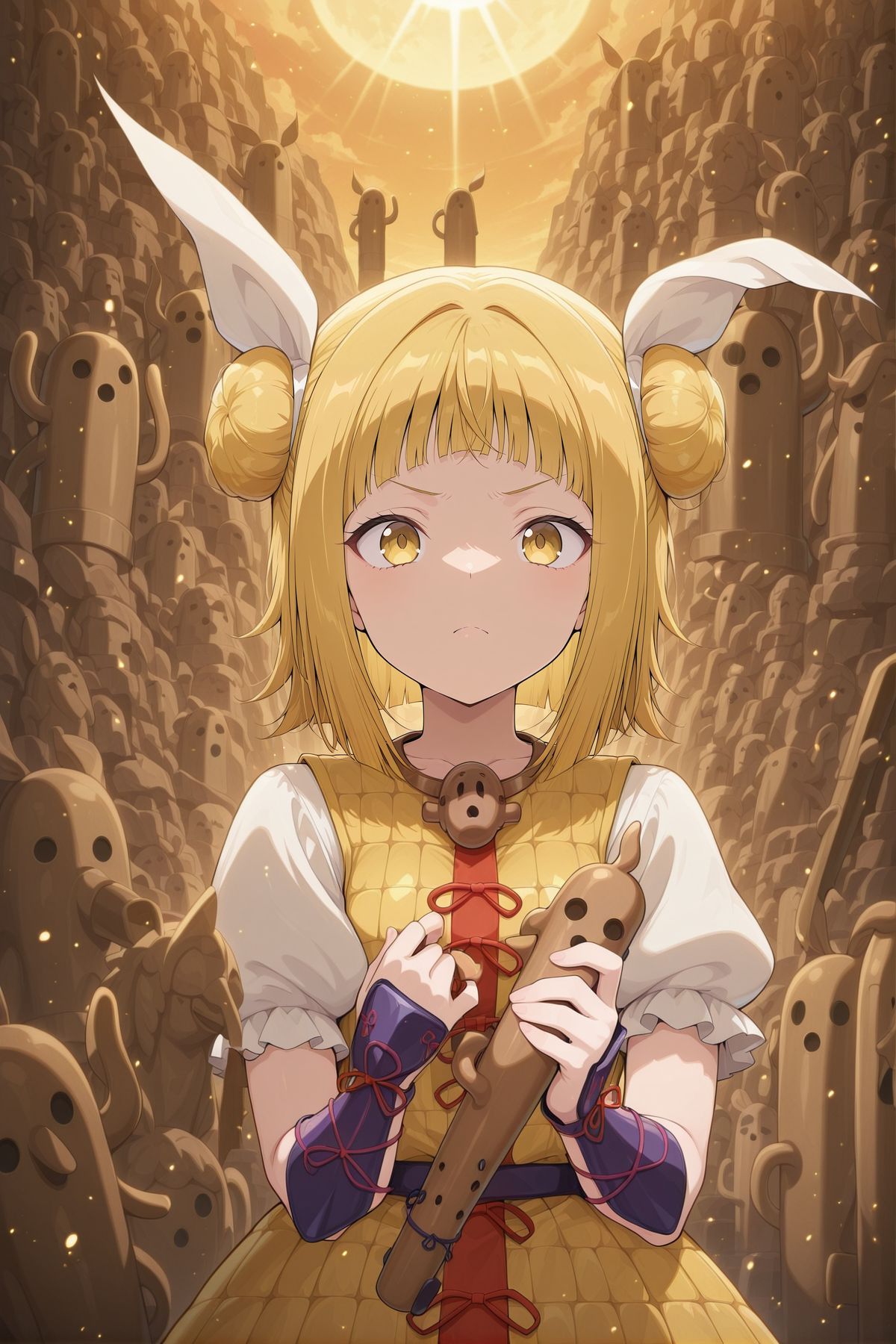 absurdres, highres, masterpiece, best quality, amazing quality, official anime artwork, screencap, anime screencap, looking at viewer, serious, 
 <lora:Mayumi-Joutouguu_Illustrious:1> joutouguu mayumi, 1girl, solo, yellow eyes, blonde hair, double bun, small breasts,, hair ribbon, white ribbon, haniwa (statue), necklace, yellow dress, armored dress, puffy short sleeves, white sleeves, purple vambraces,
light particles, holding,
