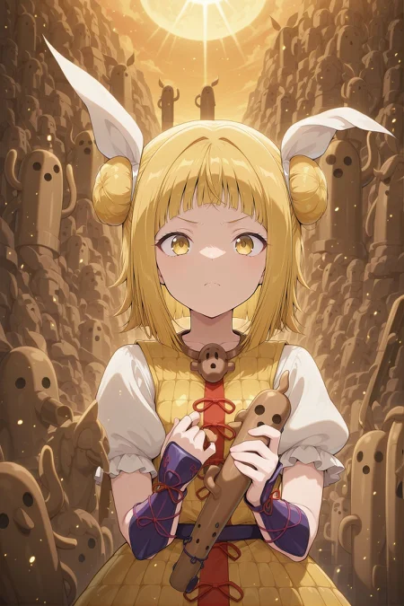 absurdres, highres, masterpiece, best quality, amazing quality, official anime artwork, screencap, anime screencap, looking at viewer, serious, 
 <lora:Mayumi-Joutouguu_Illustrious:1> joutouguu mayumi, 1girl, solo, yellow eyes, blonde hair, double bun, small breasts,, hair ribbon, white ribbon, haniwa (statue), necklace, yellow dress, armored dress, puffy short sleeves, white sleeves, purple vambraces,
light particles, holding,