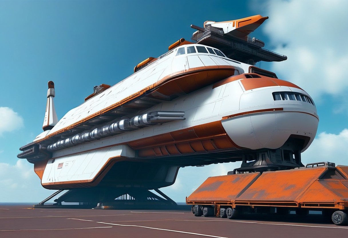 sci-fi, aJed-Rst spaceport, tarmac, landing pads, (Rusty ship hanger, Rusty tower, (((beautiful, hyper realistic, high quality, highly detailed))), sleek Rusty neotech spacecraft (freighter), vehicle focus, zoom out,