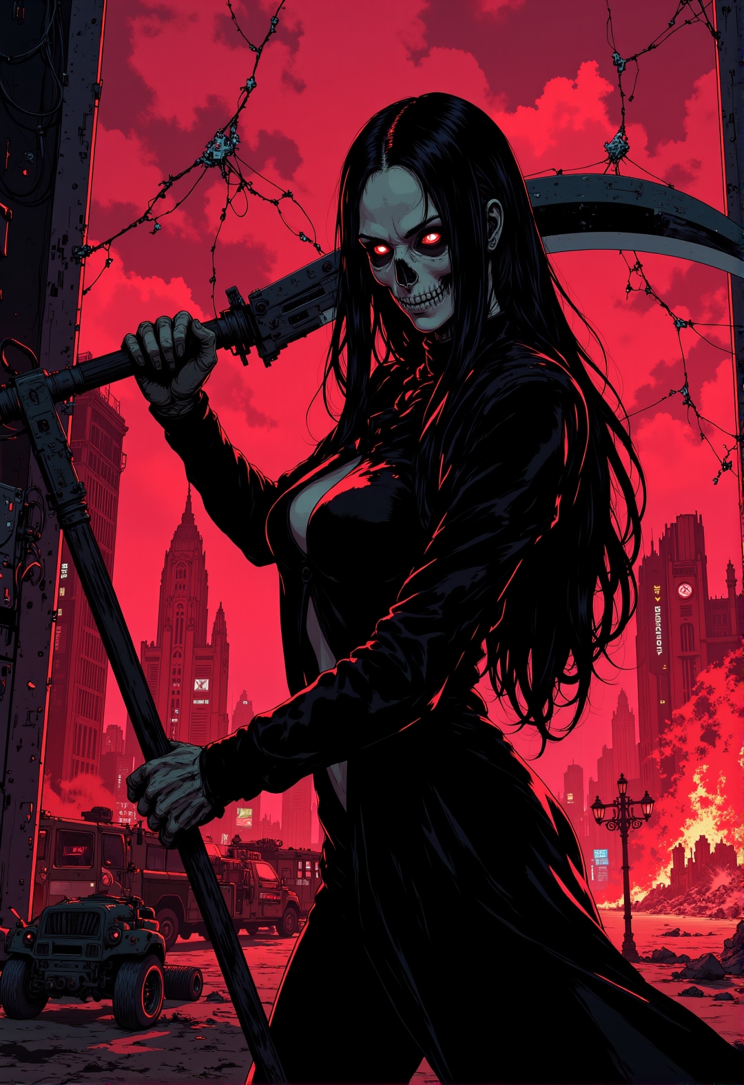 <lora:ck-ghost-reaper:0.9>, This is a digital artwork in the style of ckgr,
anime artwork, a sexy girl with a skullmask, aiming and slashing a scythe towards the viewer, shattered glas screen, a city in flames,
otherworldly red glowing bioluminecent blood ,
nightstalker, outdoors, red tint color palette
<lora:ck-shadow-circuit:0.4>