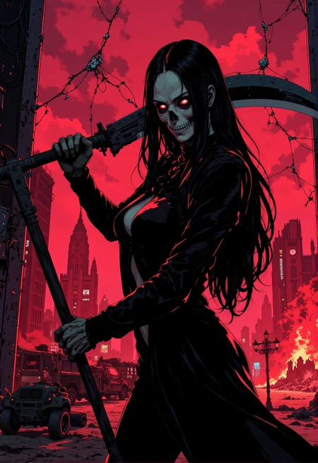 <lora:ck-ghost-reaper:0.9>, This is a digital artwork in the style of ckgr,
anime artwork, a sexy girl with a skullmask, aiming and slashing a scythe towards the viewer, shattered glas screen, a city in flames,
otherworldly red glowing bioluminecent blood ,
nightstalker, outdoors, red tint color palette
<lora:ck-shadow-circuit:0.4>