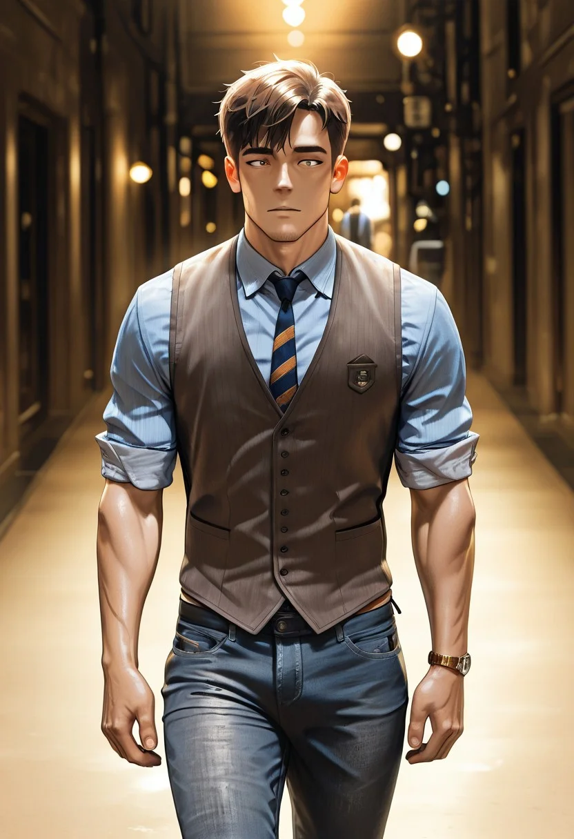 [正面+キャラ名:99],
1boy,solo,
[品質タグ:99],
masterpiece,perfect quality,best quality,amazing quality,absolutely eye-catching,
[身体特徴:99],
muscle,brown hair,
[服装:99],
collared shirt,vest,jeans,necktie,wristwatch,sleeves rolled up, 
[﷿ーズと解剖学的詳細:99],
walking,
[環境・背景:99],
cowboy shot,
dynamic lighting,cinematic lighting, professional lighting, 
[追加の品質/スタイルタグ:99],