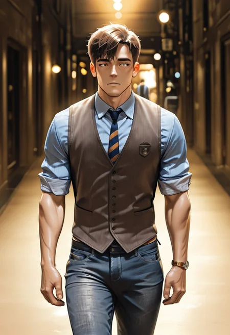 [正面+キャラ名:99],
1boy,solo,
[品質タグ:99],
masterpiece,perfect quality,best quality,amazing quality,absolutely eye-catching,
[身体特徴:99],
muscle,brown hair,
[服装:99],
collared shirt,vest,jeans,necktie,wristwatch,sleeves rolled up, 
[﷿ーズと解剖学的詳細:99],
walking,
[環境・背景:99],
cowboy shot,
dynamic lighting,cinematic lighting, professional lighting, 
[追加の品質/スタイルタグ:99],