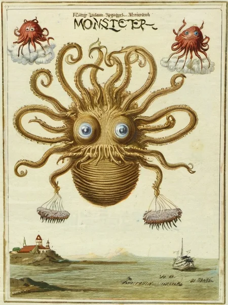 antiquefauna flying spaghetti monster, high quality, very sharp  <lora:hjantiquefauna_v10xl:0.8>