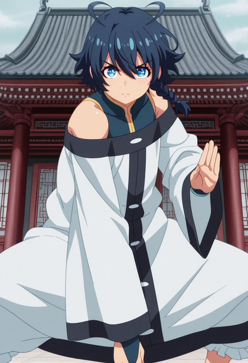 masterpiece,perfect quality,best quality,absolutely eye-catching,absurdres,highres,newest,anime coloring, anime screencap,(1boy,solo),MingHero, blue hair, braid, blue eyes, ahoge, tank top, long robe, horse stance, looking at viewer, serious, chinese architecture, sunny, outdoors