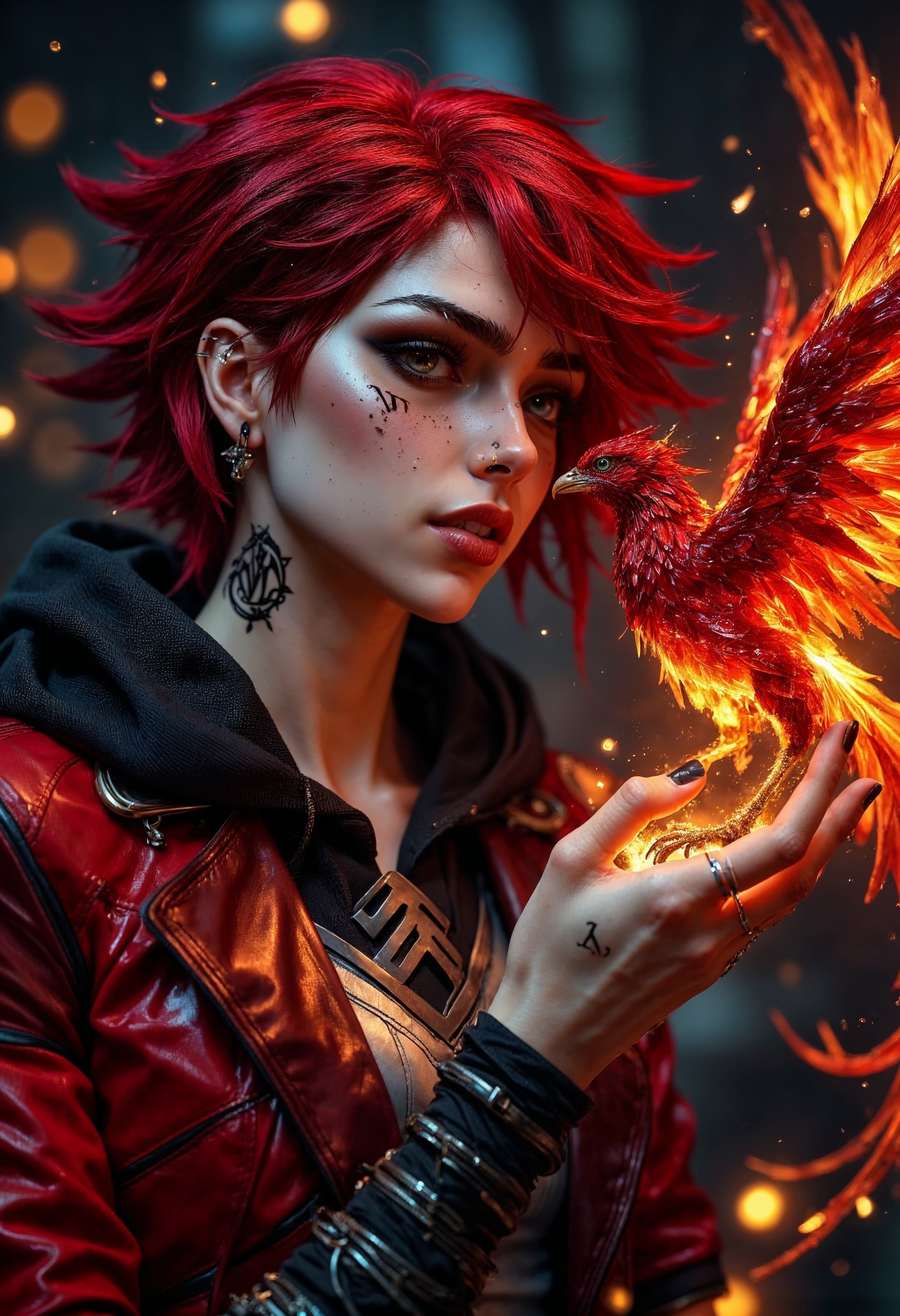 ViA, a woman with fair skin and striking short hair styled in a dynamic, windswept manner. dressed in a red leather jacket with a black hooded garment underneath. She is wearing dramatic makeup, including dark eyeliner and eyeshadow that accentuates her eyes. A small Roman numeral tattoo, 'VI', is visible under the left eye. She has a nose ring and multiple earrings, including a prominent black circular earring. Her expression is serene and focused as she gazes at a vibrant, mythical phoenix perched on her hand. The phoenix is depicted with fiery red and orange feathers, exuding a warm glow that illuminates the scene. The background is a blurred, dark setting with floating embers, enhancing the mystical atmosphere. <lora:FluxMythP0rtr4itStyle:0.6> <lora:Midjourney_Dreamlike_Fantasy_FLUX_LoRA:0.6> <lora:Elden_Ring_-_Yoshitaka_Amano:0.33> <lora:FluxViA:1>