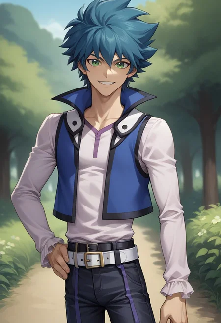 score_9, score_8_up, source_anime, highly detailed, 1boy, solo, slender, skinny
jesse, 1boy, male focus, solo, green eyes, smile, belt, duel academy uniform (yu-gi-oh! gx), blue hair, pants, vest, looking at viewer, spiked hair, long sleeves,
outdoor,
