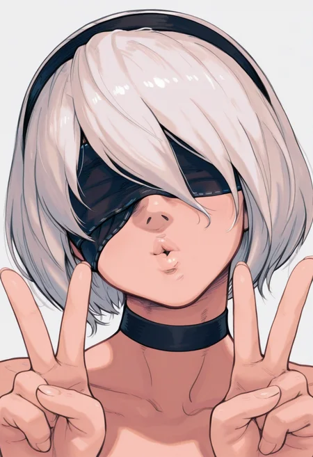 r3110style, masterpiece, best quality, solo, 2B (Nier Automata), white hair, blindfold, faceshot, choker, double v, puckered lips, head tilt,