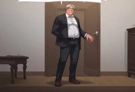 score_9, score_8_up, score_8_up, 1boy (old man, wearing black suit, white collared shirt underneath), man standing in doorway, lit doorway, door slamming open, wooden brown door, full body view, man smirking, man opening door, badass, solo male, close up on mans face, high resolution,
man flanked by two twin Inuyashiki, Yakuza, Inuyashiki wearing tuxedos,
indoor setting, indoors,night,carpet,stage,stripper pole,curtains,table,l
pink theme,pink light,pink neon stage, gothicPXL