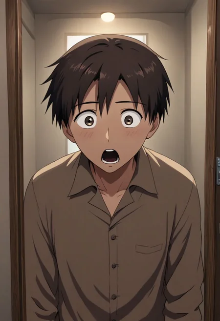 high resolution, solo, best quality, 1Boy, Takaki Toono, Brownish Hair, Brown Eyes, surprised, peeking out, OverallDetail