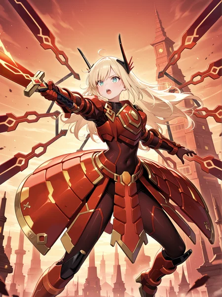 1girl,solo,tower,mecha musume,pointing melee weapon,outdoors,red theme,open mouth,sky striker ace - raye,red power armor,official alternate costume,red huge sword,holding red huge sword,black bodysuit,red headgear,red sword wings,red armored gloves,red breastplate,red mechanical boots,
masterpiece,best quality,amazing quality,very aesthetic,absurdres,newest,<lora:Sky striker ace - Raye illusXL v1:0.75>,