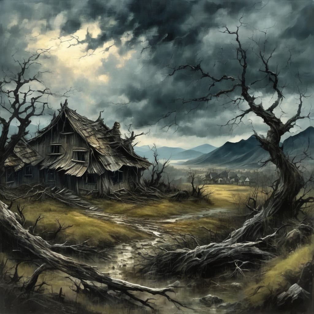 artmix05  dark landscape, destroyed village, forest and mountains, old crooked tree in the foreground, stormy sky, very detailed  <lora:artmix05:1>