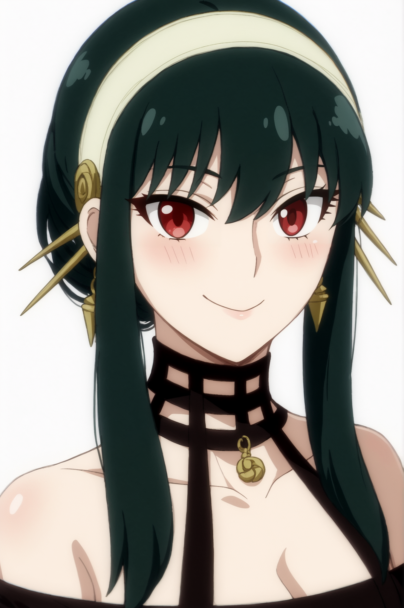 <lora:Yor_Forger:0.7>,  yor briar, Thorn Princess, upper body, white background, looking at viewer, evil smile  <lora:sdxl_lightning_4step_lora.safetensors:1.0>,