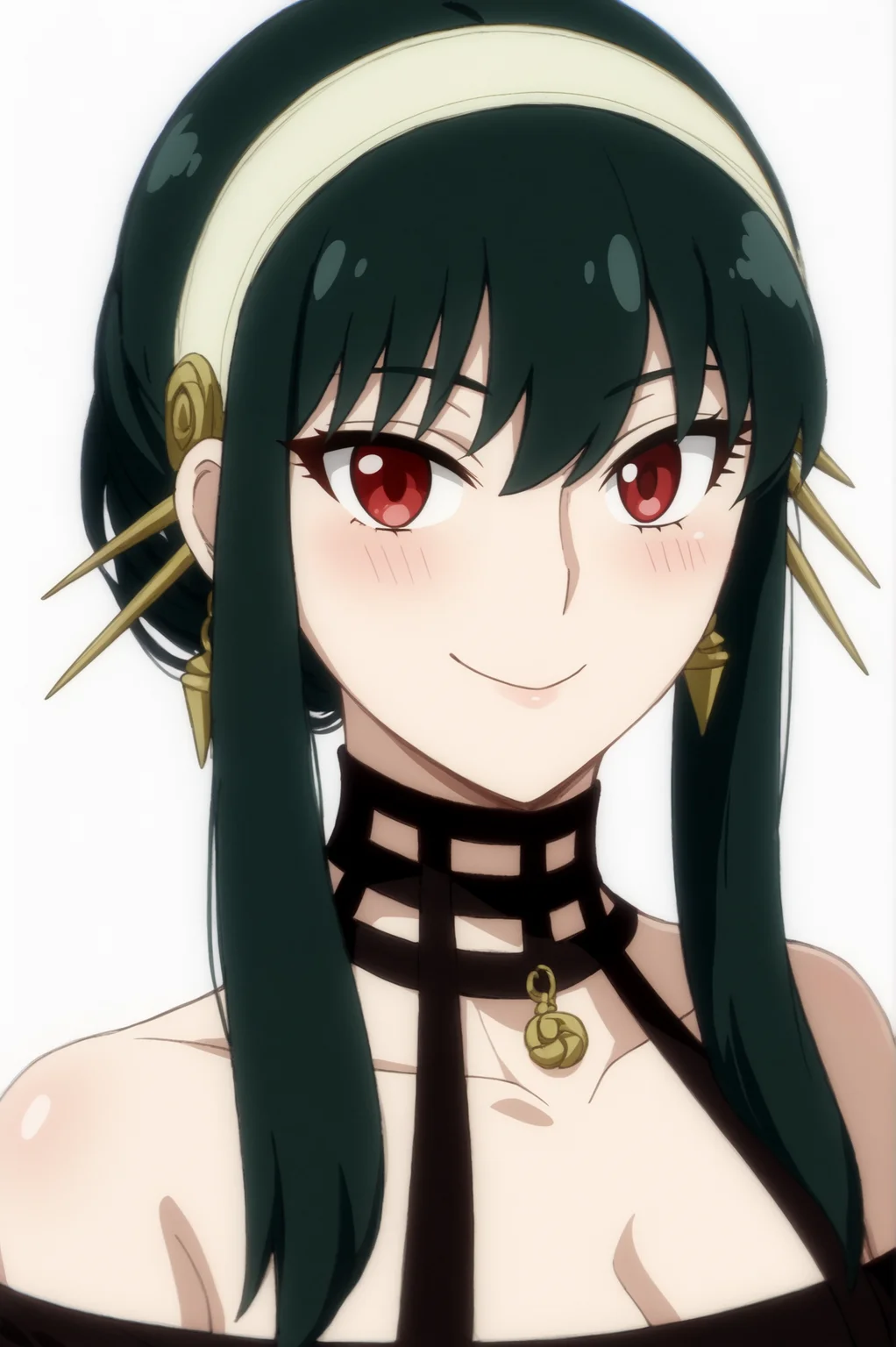 <lora:Yor_Forger:0.7>, yor briar, Thorn Princess, upper body, white background, looking at viewer, evil smile <lora:sdxl_lightning_4step_lora.safetensors:1.0>,
