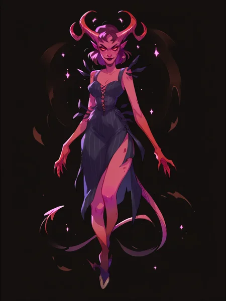 score_9, score_8_up, score_7_up, score_6_up, score_5_up,  <lora:rysiartXLP:1> rysiart, solo, 1girl, demon, horns, black background, full body,