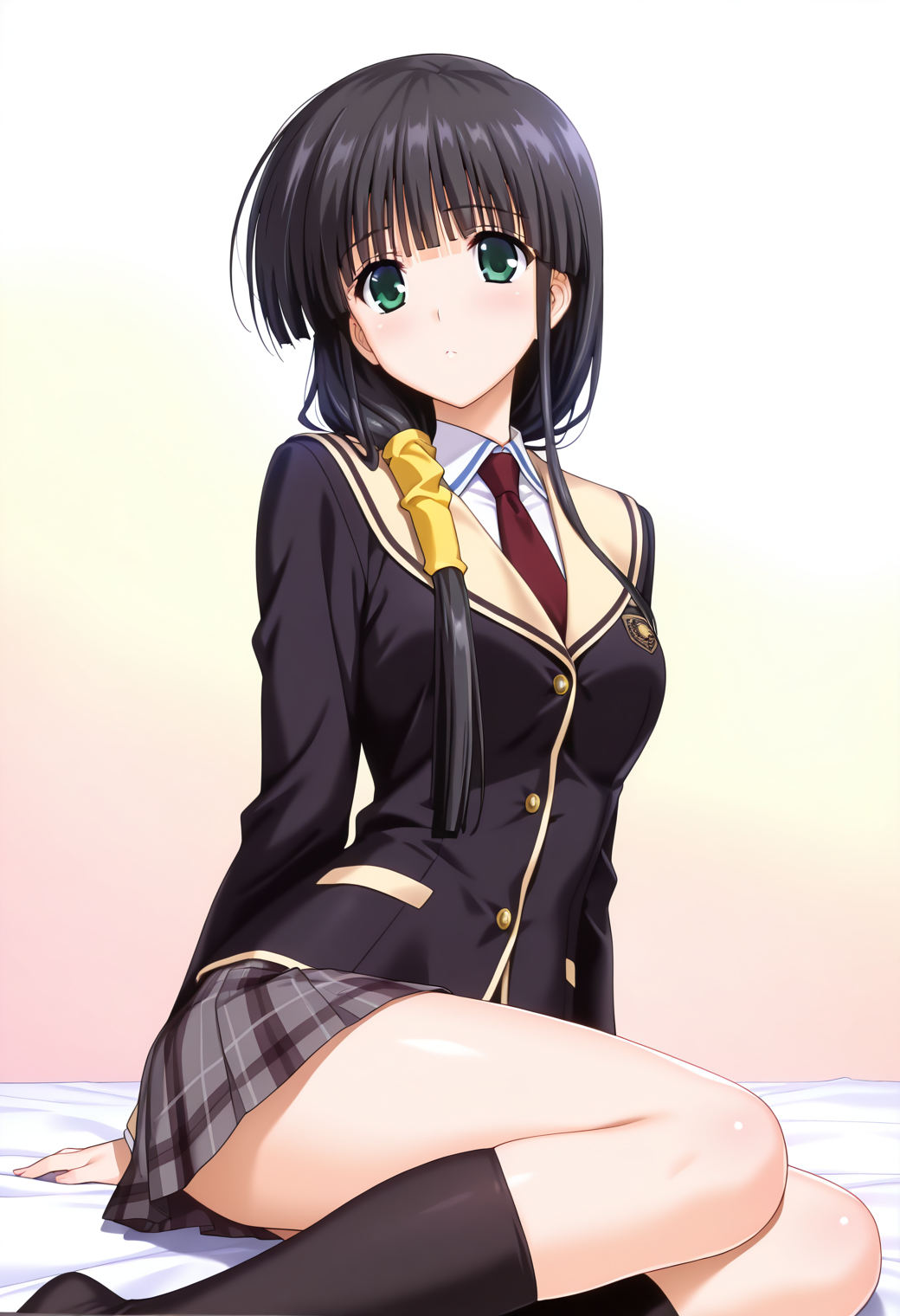 masterpiece, best quality, very aesthetic, absurdres, 1girl, solo,
<lora:hasebe_aya_v01:0.9>, hasebe_aya, black hair, low-tied long hair, ponytail, hair over shoulder, blunt bangs, sidelocks, green eyes, breasts,
school uniform, black blazer, necktie, miniskirt, kneehighs, black socks, posing