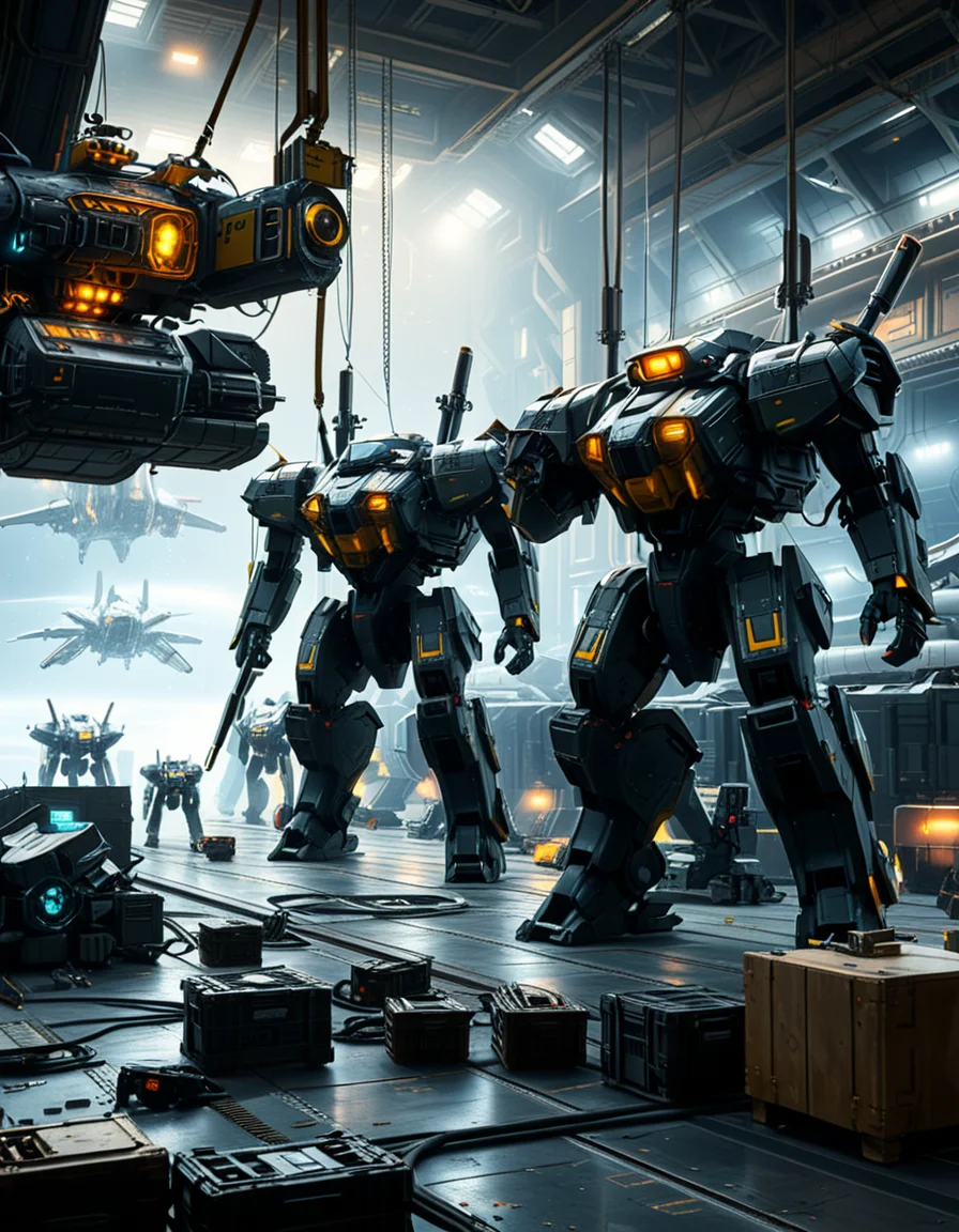 A massive, futuristic spaceship hangar filled with towering battle mechs undergoing maintenance. The hangar is dimly lit, with industrial lighting casting a cold, bluish glow over the metallic surfaces. The high ceiling is lined with steel support beams, catwalks, and suspended cranes used for repairing the massive war machines. The walls are adorned with warning signs, control panels, and illuminated holographic displays providing diagnostic data on the mechs. In the foreground, a colossal mech stands on a heavy-duty platform, its armored plating showing signs of battle damage, with exposed mechanical parts being worked on by robotic arms. The ground is marked with yellow hazard lines and scattered with tools, power cables, and spare parts. Steam rises from various vents, adding to the gritty, industrial feel. In the background, more mechs are stationed in docking bays, with their weapons and mechanical limbs being adjusted by automated repair systems. A large open bay door at the far end reveals the vastness of space, with distant stars and a massive planet visible beyond the hangar. The scene is detailed, immersive, and full of high-tech military sci-fi energy.
<lora:SDXLFaeTastic2400:0.4> <lora:extremely_detailed:0.4> extremely detailed,<lora:mechwarriors_spaceship_h4ng4r:1>,mechwarriors spaceship h4ng4r, Masterpiece,best quality,hi res,8k,hi res,8k,award winning,(sharp focus, intricate, highly detailed),