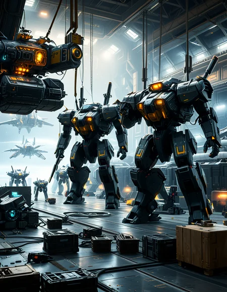 A massive, futuristic spaceship hangar filled with towering battle mechs undergoing maintenance. The hangar is dimly lit, with industrial lighting casting a cold, bluish glow over the metallic surfaces. The high ceiling is lined with steel support beams, catwalks, and suspended cranes used for repairing the massive war machines. The walls are adorned with warning signs, control panels, and illuminated holographic displays providing diagnostic data on the mechs. In the foreground, a colossal mech stands on a heavy-duty platform, its armored plating showing signs of battle damage, with exposed mechanical parts being worked on by robotic arms. The ground is marked with yellow hazard lines and scattered with tools, power cables, and spare parts. Steam rises from various vents, adding to the gritty, industrial feel. In the background, more mechs are stationed in docking bays, with their weapons and mechanical limbs being adjusted by automated repair systems. A large open bay door at the far end reveals the vastness of space, with distant stars and a massive planet visible beyond the hangar. The scene is detailed, immersive, and full of high-tech military sci-fi energy.
<lora:SDXLFaeTastic2400:0.4> <lora:extremely_detailed:0.4> extremely detailed,<lora:mechwarriors_spaceship_h4ng4r:1>,mechwarriors spaceship h4ng4r, Masterpiece,best quality,hi res,8k,hi res,8k,award winning,(sharp focus, intricate, highly detailed),