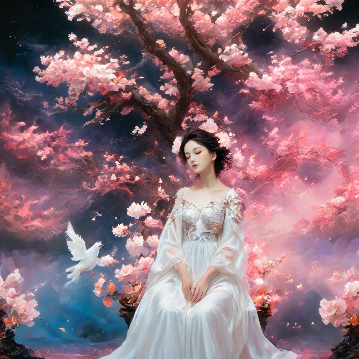 <lora:add-detail-xl:1.0>, 1girl, solo, closed eyes, dress, flower, white dress, sitting, black hair, cherry blossoms, tree <lora:LangV2:0.85>, <lora:RuanV2:0.6>,
