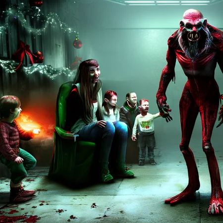 A family at a Christmas grotto meeting Santa, 8k, photo, hyper detailed, by HorrorByDave