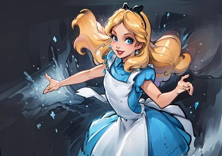 (AliceWonderlandWaifu:1), cute, smile,(dress:1.2), sexy pose, looking at viewer, :D,
(realistic:1.2), (realism), (masterpiece:1.2), (best quality), (ultra detailed), (8k, 4k, intricate),(full-body-shot:1),(Cowboy-shot:1.2), (85mm),light particles, lighting, (highly detailed:1.2),(detailed face:1.2), (gradients), sfw, colorful, detailed eyes,
(detailed ladscape, magic castle, disney magic:1.2),(detailed background),detailed landscape, (dynamic angle:1.2), (dynamic pose:1.2), (rule of third_composition:1.3), (Line of action:1.2), wide shot, solo, daylight,
<lora:Aliceinwonderland_character-20:0.7> <lora:reiqStyleLORA_v2:0.8>