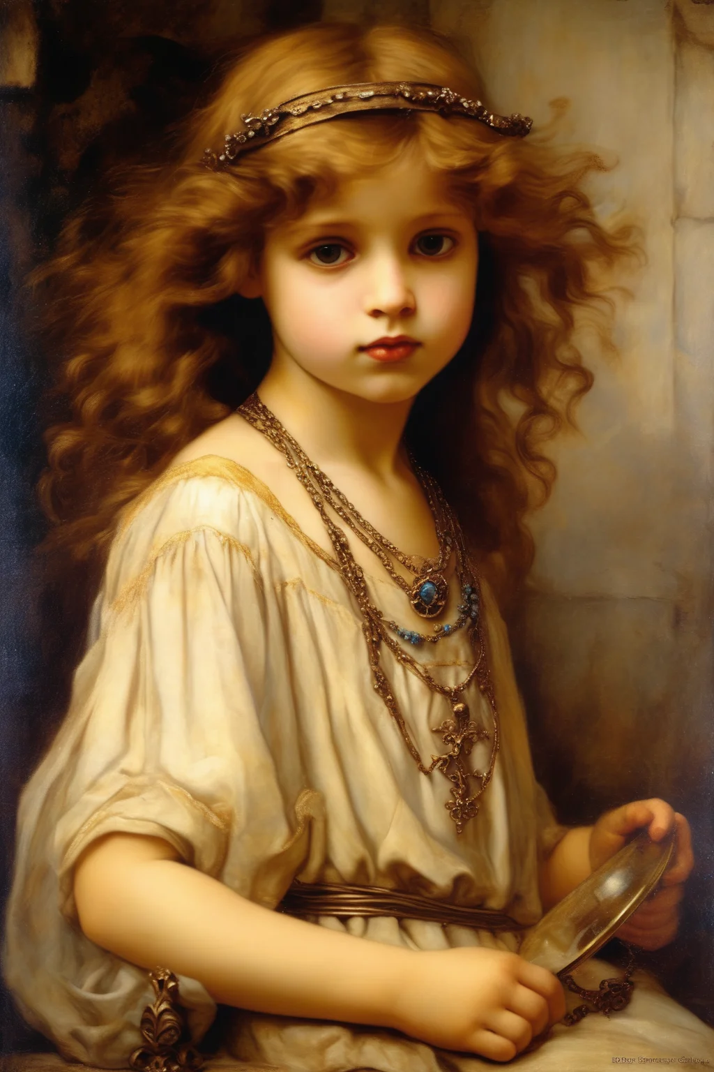<lora:Sophie Gengembre Anderson Style:1>Sophie Gengembre Anderson Style - a young angel with brown hairs wearing a necklace which hast the name betti on