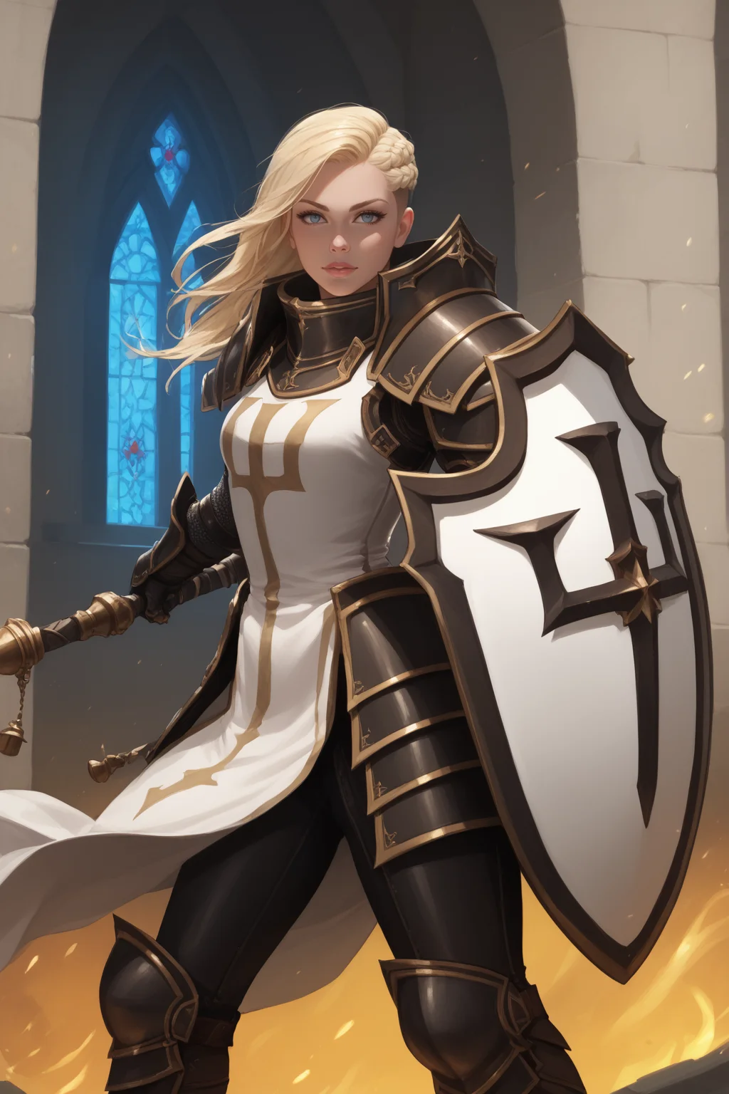 score_9, score_8_up, score_7_up, BREAK, masterpiece, high quality
<lora:CrusaderPonyLora:1> crsadr, knight, pauldrons, full armor, long hair, gauntlets, shield, pelvic curtain, faulds, holding weapon, greaves, flail, boots, braid, side cut, magic, holy light, golden sorcery, upper body, in a church