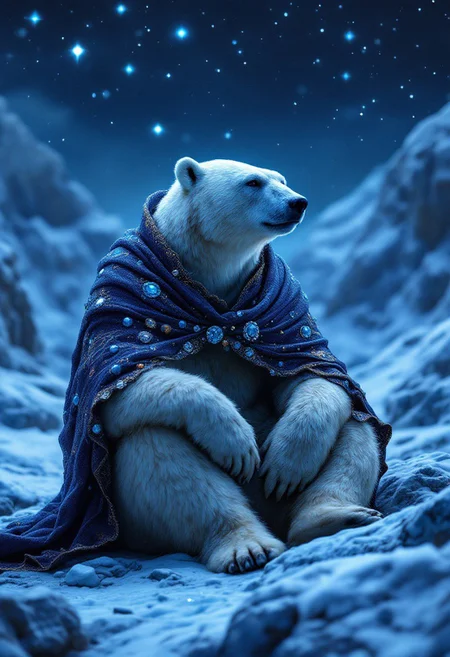 In this captivating realistic shot, an anthropomorphic polar bear dressed in a richly textured, jewel-toned shawl sits contemplatively on a desolate, icy landscape under a star-filled night sky. The polar bear, exuding wisdom and a touch of loneliness, appears to be lost in thought amidst the frigid, rocky terrain. The vibrant, predominantly cool-toned palette of blues and purples creates an atmospheric scene, with a bright, starry sky providing a contrasting backdrop. The bear's intricately detailed fur and the shimmering, jewel-like embellishments on the shawl catch the eye, while the soft, diffused lighting adds depth and dimension to the scene