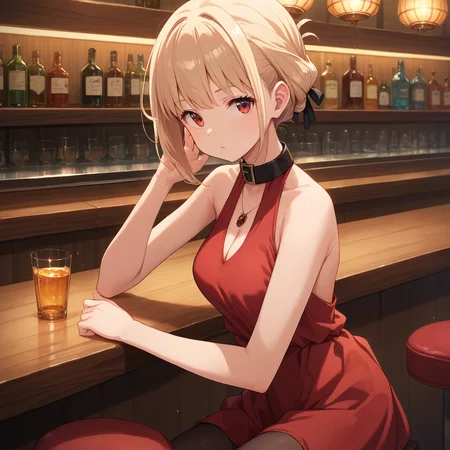 score_9, score_8_up, score_7_up, score_6_up, score_5_up, score_4_up, BREAK source_anime, look at viewer, 1girl, solo, indoors, bar, masterpiece, best quality, high detailed skin, nishikigi chisato, chisato dress, short hair, blonde hair, hair bun, black ribbon, red eyes, pendant, black collar, red dress, sleeveless dress, cleavage, pantyhose,