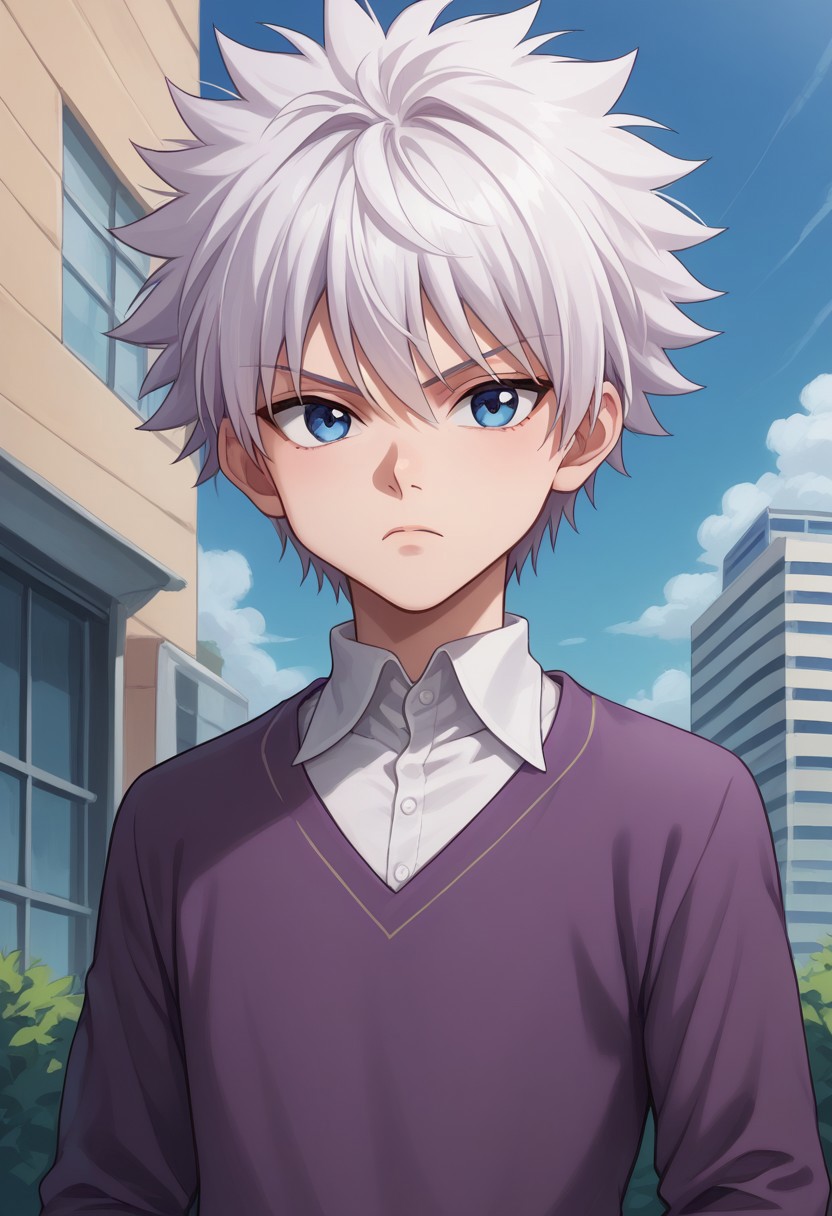 score_9, score_8_up, score_7_up, source_anime, highly detailed,
killuazoldick, 1boy, male focus, solo, white hair, shorts, layered sleeves, blue eyes, shirt,
short over long sleeves, long sleeves, sweater,
purple sweater, collared shirt, white shirt, upper body, looking at viewer, frown,
outdoor, sky, buildings,