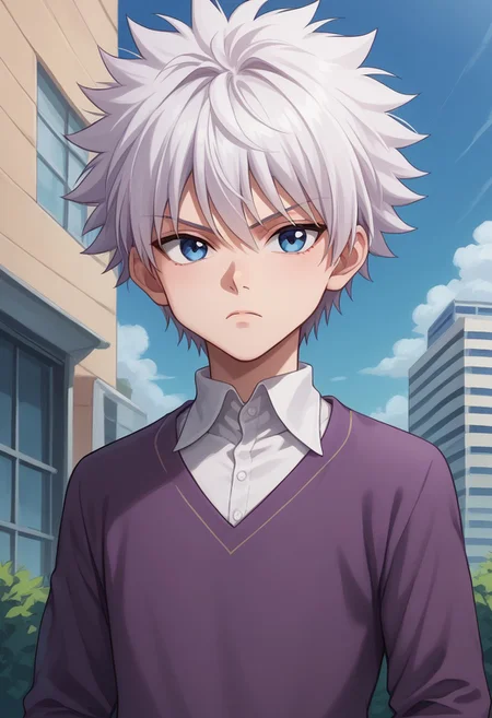 score_9, score_8_up, score_7_up, source_anime, highly detailed,
killuazoldick, 1boy, male focus, solo, white hair, shorts, layered sleeves, blue eyes, shirt,
short over long sleeves, long sleeves, sweater,
purple sweater, collared shirt, white shirt, upper body, looking at viewer, frown,
outdoor, sky, buildings,