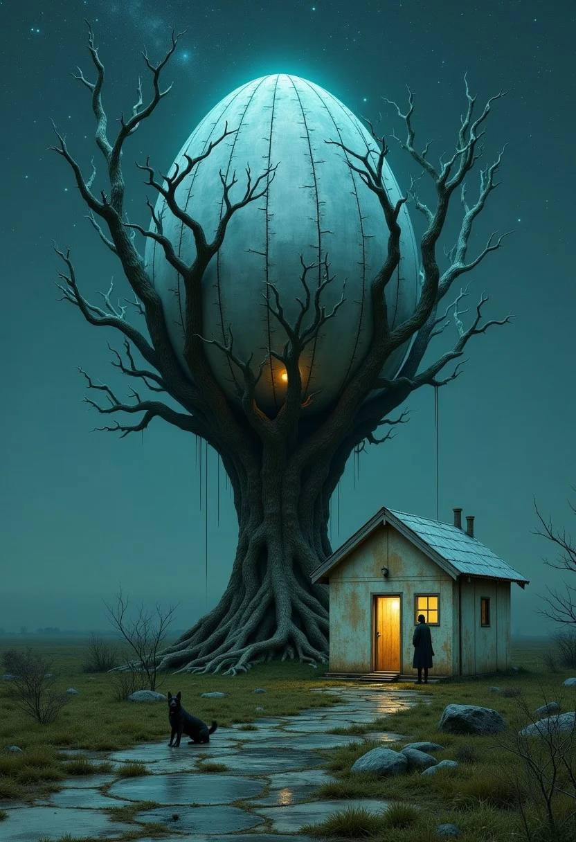 "A Glimpse into the Future: A Mysterious Tree-Like Structure"
This image prompt captures the essence of the surreal and futuristic scene depicted. It highlights the unique tree-like structure with its metallic egg-shaped top, the small house at its base, and the ethereal blue light emanating from within. The prompt also alludes to the human figure and dog on the balcony, as well as the starry sky, setting the tone for a thought-provoking and visually striking artwork. The composition follows the rule of thirds, with the handprint positioned off-center for visual interest, while leading lines formed by cracks in the wall guide the eye through the image. Soft, diffused lighting enhances the ethereal mood, reminiscent of the evocative style of Gregory Crewdson's cinematic scenes, combined with the textural intricacy of Andrew Wyeth's weathered interiors and the emotional resonance of Edward Hopper's lonely spaces.