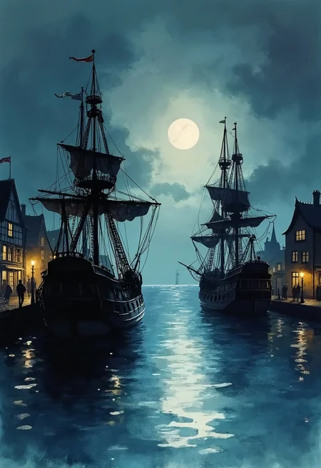ink wash painting, pirate galleons moored in a fantasy harbour town dock, silhouetted at night, dim moonlight, chiascuro