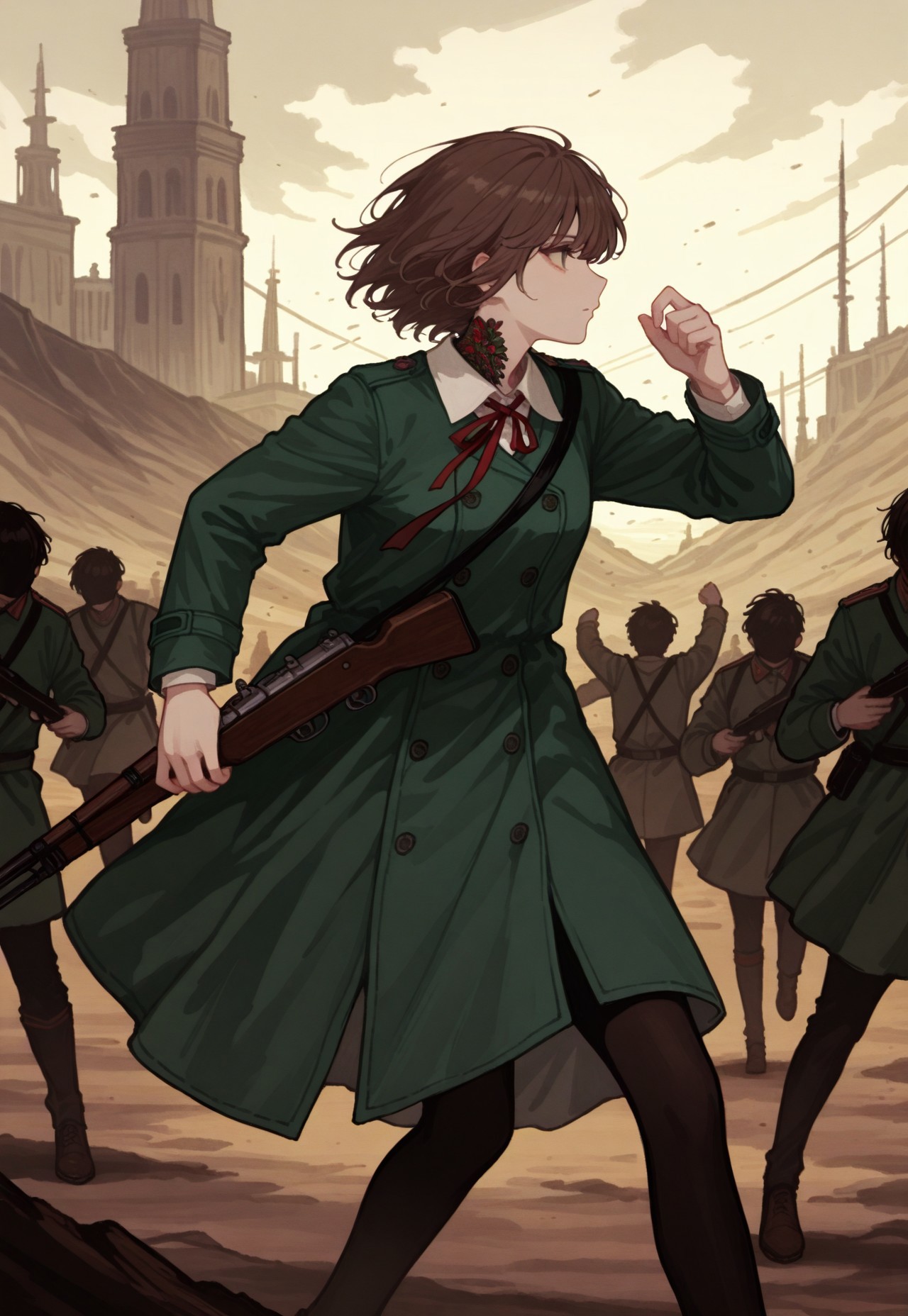 detailed, ethereal, intricate details, vibrant colors, soft lines, soft brush strokes, 
ultra-detailed, high quality, cinematic lighting, somber tone, cinematic image, good composition, cinematic shot, cinematic, mesmerizing, from side, 

melancholic tone, loneliness, 

battlefield background, soldiers, 

running, determined, raised arms, holding_rifle, 

1girl, grey eyes, short brown hair, green greatcoat, white shirt collar, red ribbon on neck, black pantyhose, brown shoes,

(748cm style:1.3),  

(748cmstyle:1.3) 

masterpiece,best quality,amazing quality, detailed, 