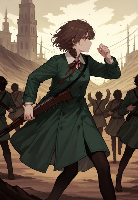 detailed, ethereal, intricate details, vibrant colors, soft lines, soft brush strokes, 
ultra-detailed, high quality, cinematic lighting, somber tone, cinematic image, good composition, cinematic shot, cinematic, mesmerizing, from side, 

melancholic tone, loneliness, 

battlefield background, soldiers, 

running, determined, raised arms, holding_rifle, 

1girl, grey eyes, short brown hair, green greatcoat, white shirt collar, red ribbon on neck, black pantyhose, brown shoes,

(748cm style:1.3),  

(748cmstyle:1.3) 

masterpiece,best quality,amazing quality, detailed, 