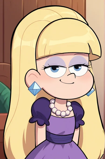 score_9,score_8_up,score_7_up, BREAK,
<lora:Pacifica_Northwest_-_Gravity_Falls_PonyXL:1> pacifica, long hair, blonde hair, earrings, blunt bangs, bangs,
1girl, cute, chibi, upper body, smug, smile, looking at viewer, purple dress, pearl necklace,