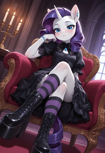 masterpiece, best quality, amazing quality, very aesthetic, absurdres, newest, solo, rarity_(my_little_pony), 1girl, unicorn, horse_girl, purple_hair, curled_hair, Anthro Pony, White Skin, petite pastel pony girl, gothic dress with frilly black-and-pink layers, thigh-high striped socks, and platform boots. Sitting on an ornate velvet chair, legs crossed teasingly. High-contrast chiaroscuro lighting, candlelit gothic mansion interior. Dutch angle ,eerie vibe. Soft blush, glossy lips, delicate jewelry. Intricate lace details, rich textures
